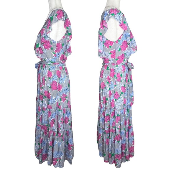 crown & ivy Dress Women's Hello Spring Flutter Sleeve Floral Midi Pink Blue 2 XS - Picture 8 of 17